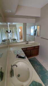 Bathroom with double sinks, large mirror, dark wood cabinets, box on counter, towel bar, green patterned rug, and a shower reflected in the mirror.